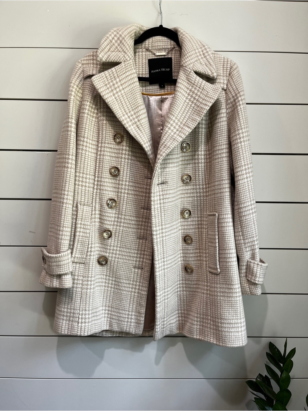 Chic Cream and Tan Plaid Double-Breasted Pea Coat
